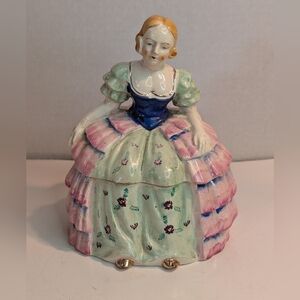 Madame Pompadour Porcelain Trinket Box, Japan Hand Painted Lady Dresser Doll
